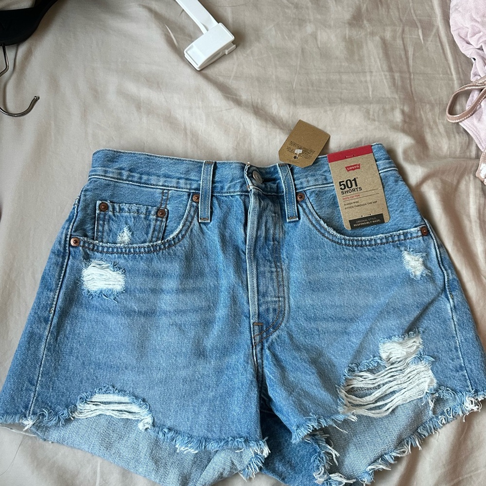 Levi's Blue Jean Shorts with Distressed High-Waist Design